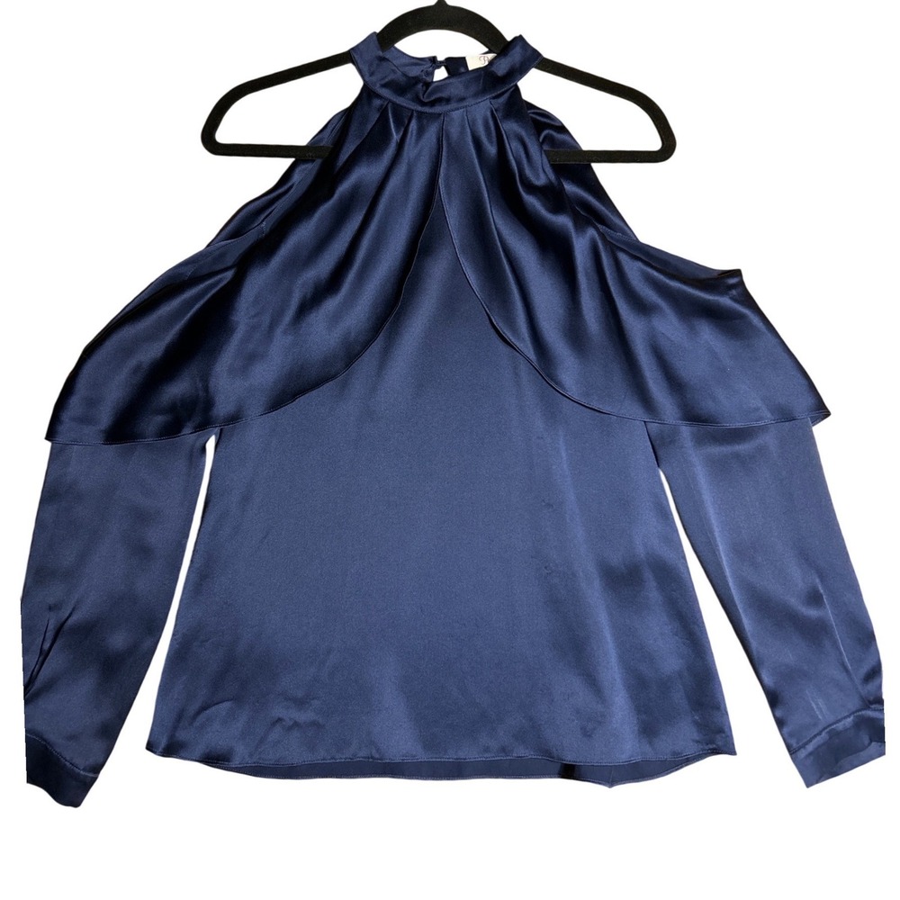 Parker 100% Silk Cold Shoulder Ruffle Halter Blouse Navy Blue Size Small